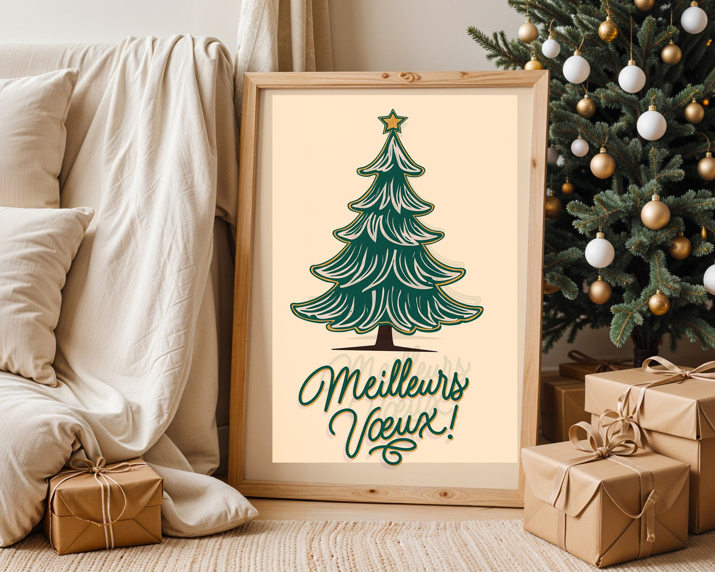 Affiche Meilleurs Vœux esprit de Noël avec sapin vert