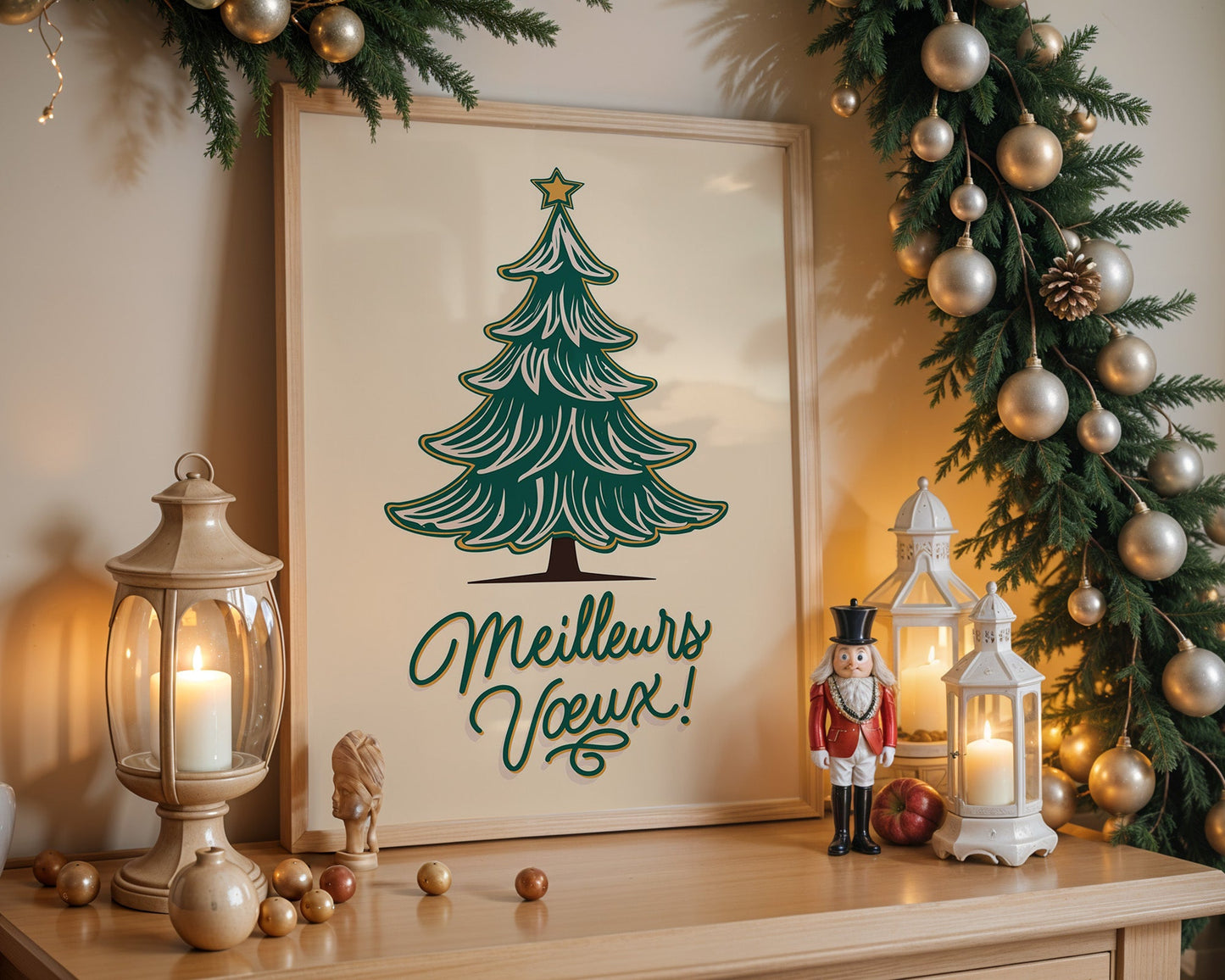 Affiche Meilleurs Vœux esprit de Noël avec sapin vert