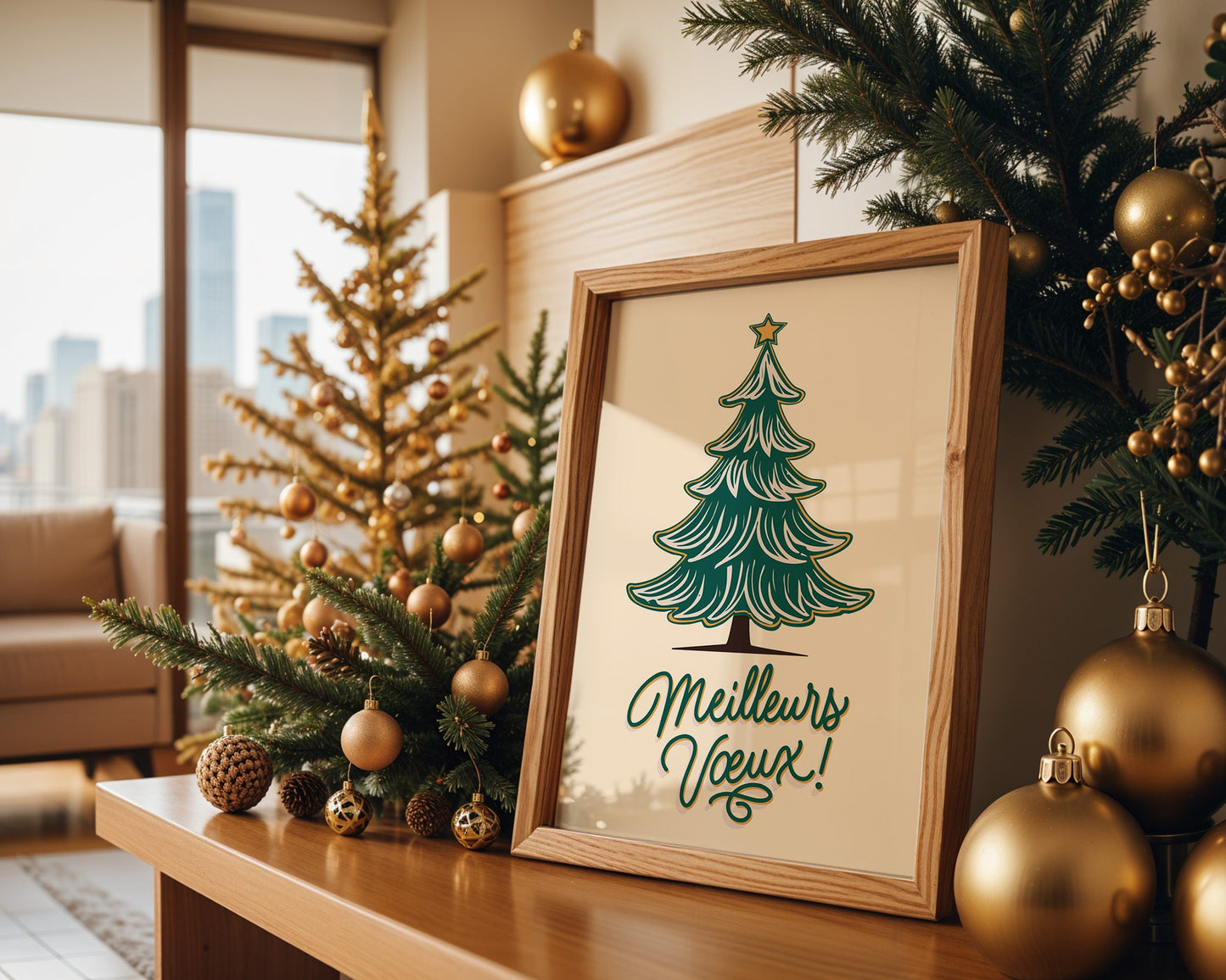 Affiche Meilleurs Vœux esprit de Noël avec sapin vert