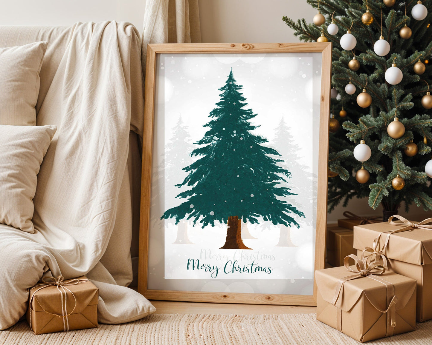Affiche Merry Christmas sapin enneigé esprit traditionnel