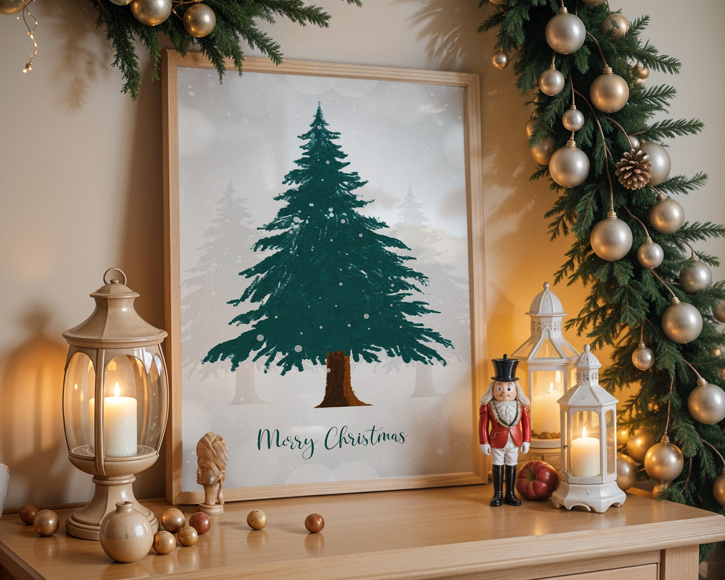Affiche Merry Christmas sapin enneigé esprit traditionnel