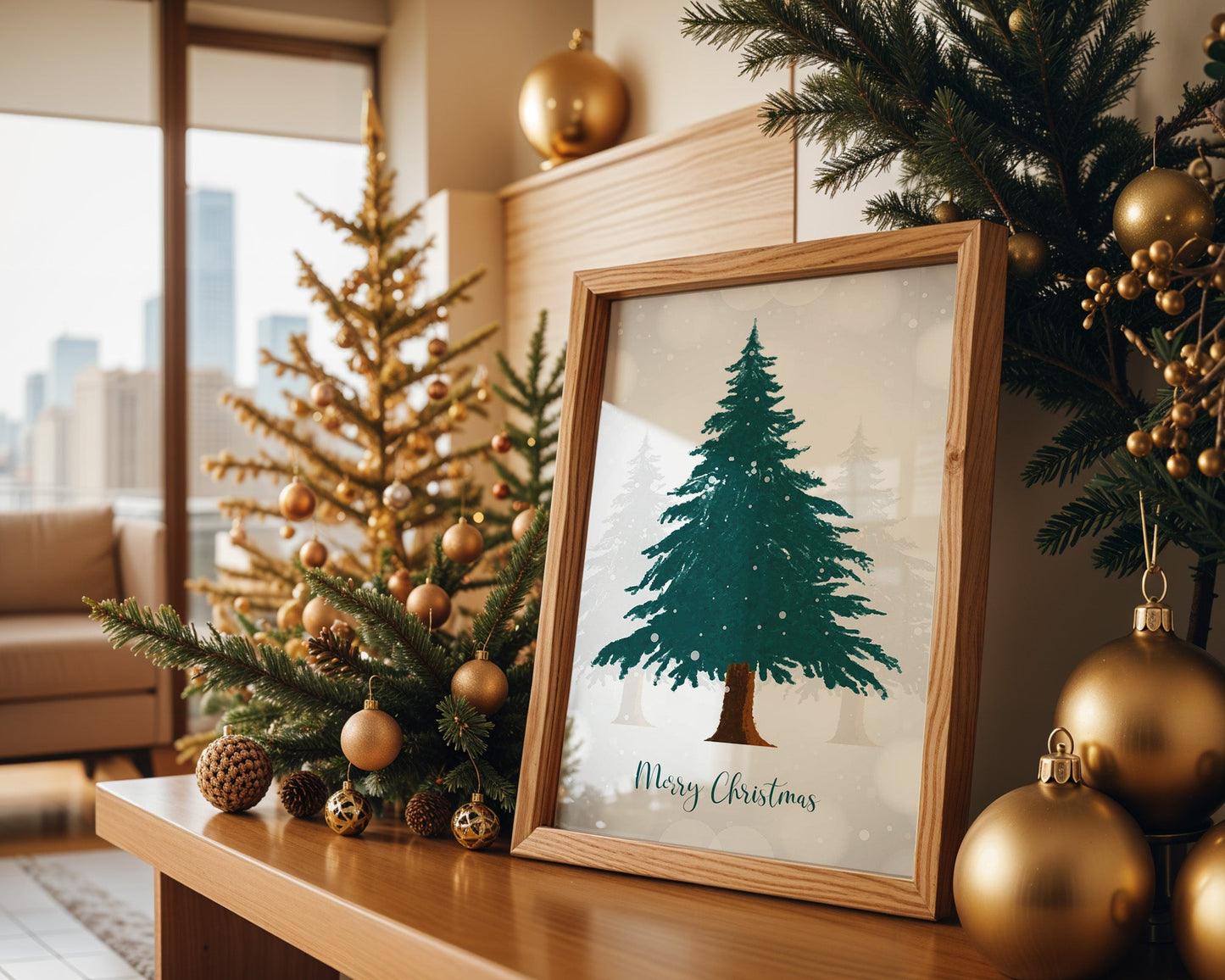 Affiche Merry Christmas sapin enneigé esprit traditionnel