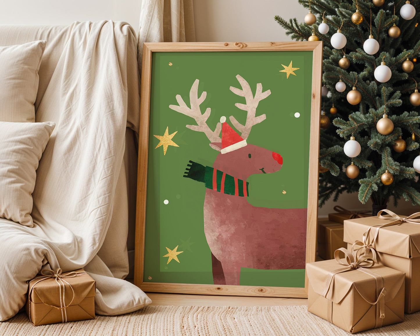 Affiche renne de Noël classique chapeau rouge et vert festif