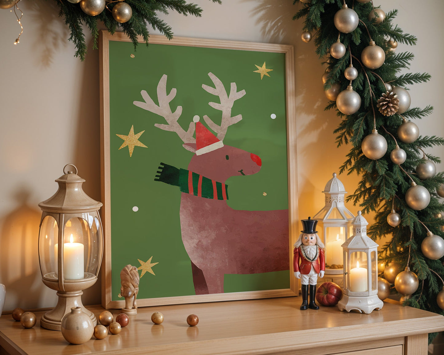 Affiche renne de Noël classique chapeau rouge et vert festif
