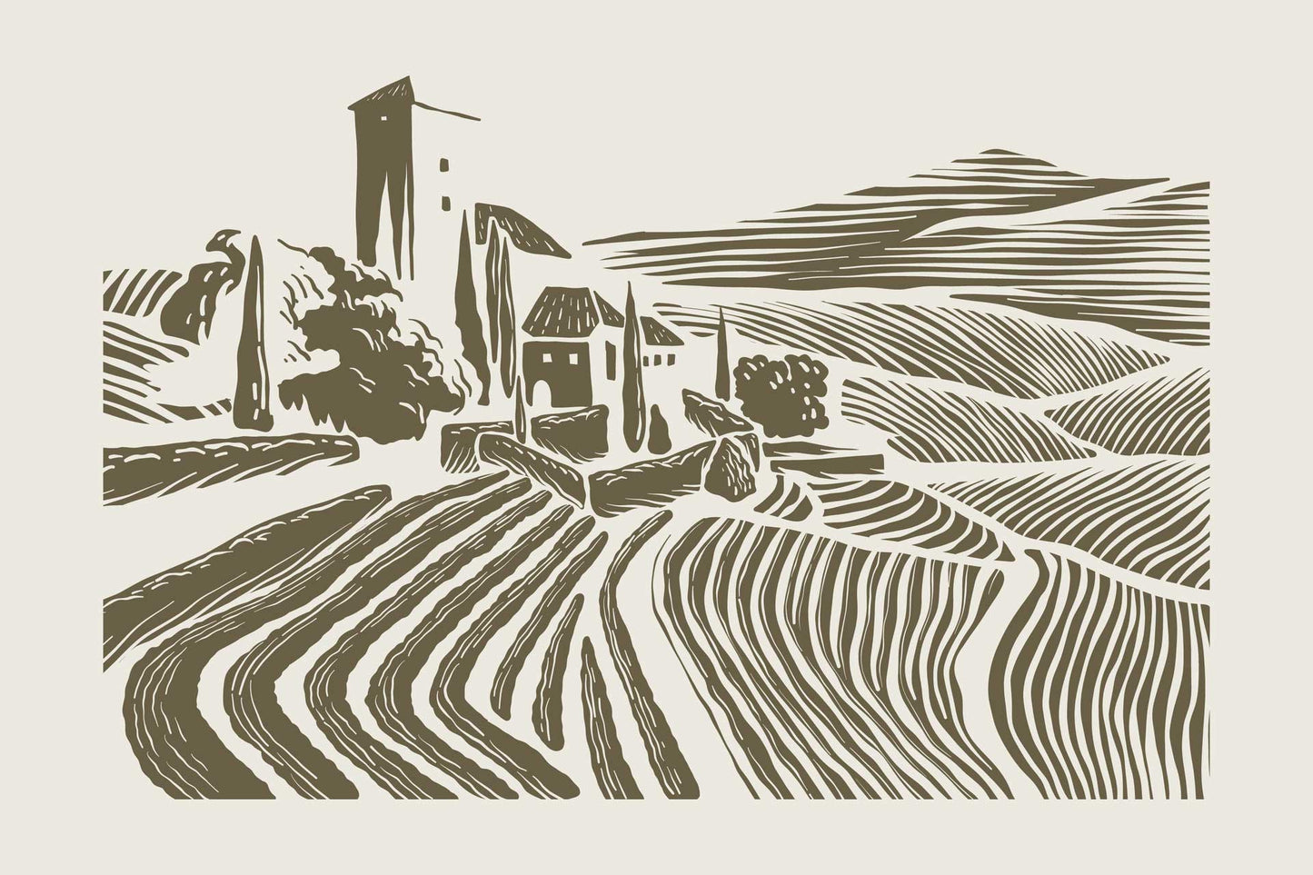 Affiche champêtre de vignoble – Illustration en technique de gravure pour déco murale rustique - UNIVEA