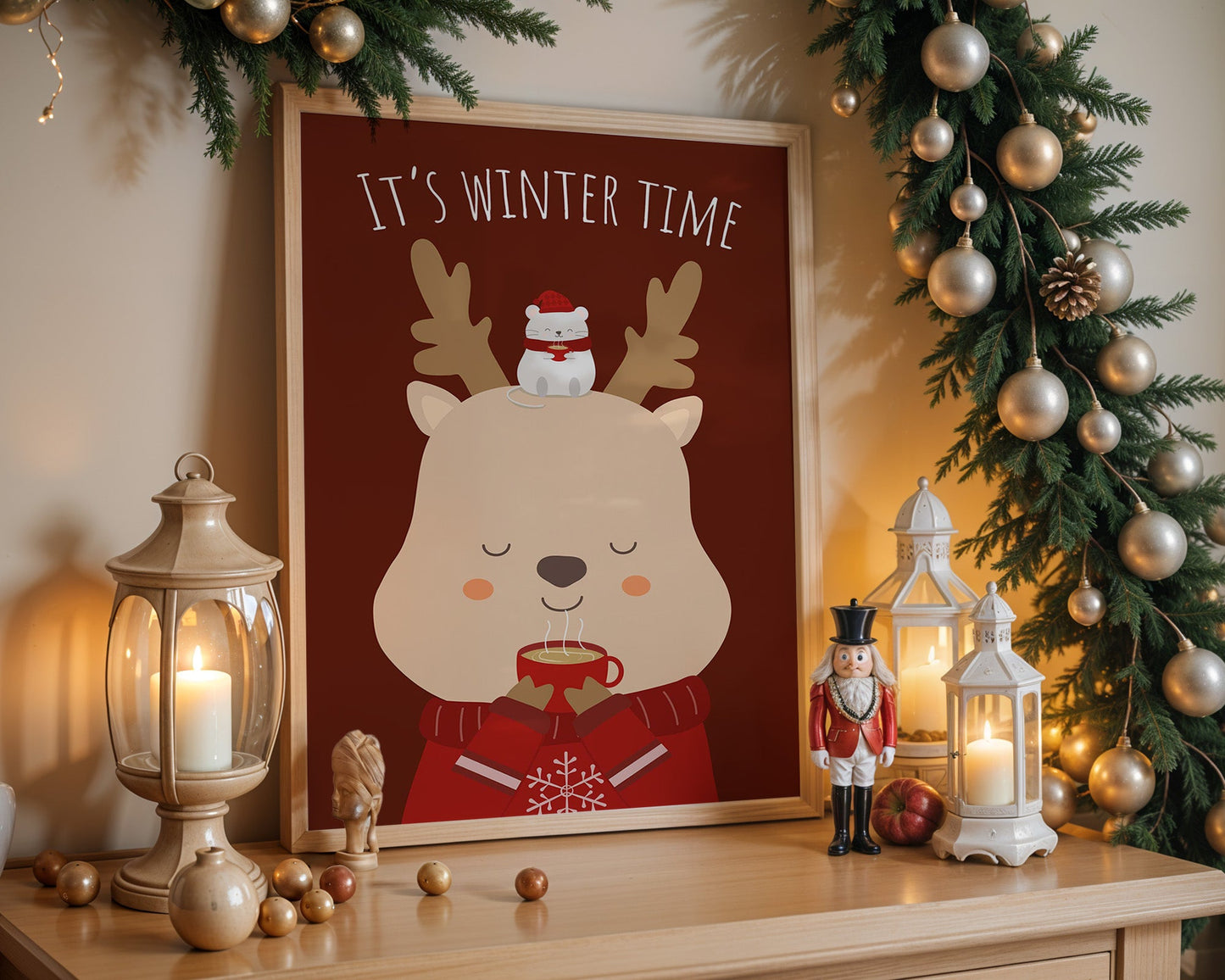 Poster hiver cosy renne et tasse de thé chaud