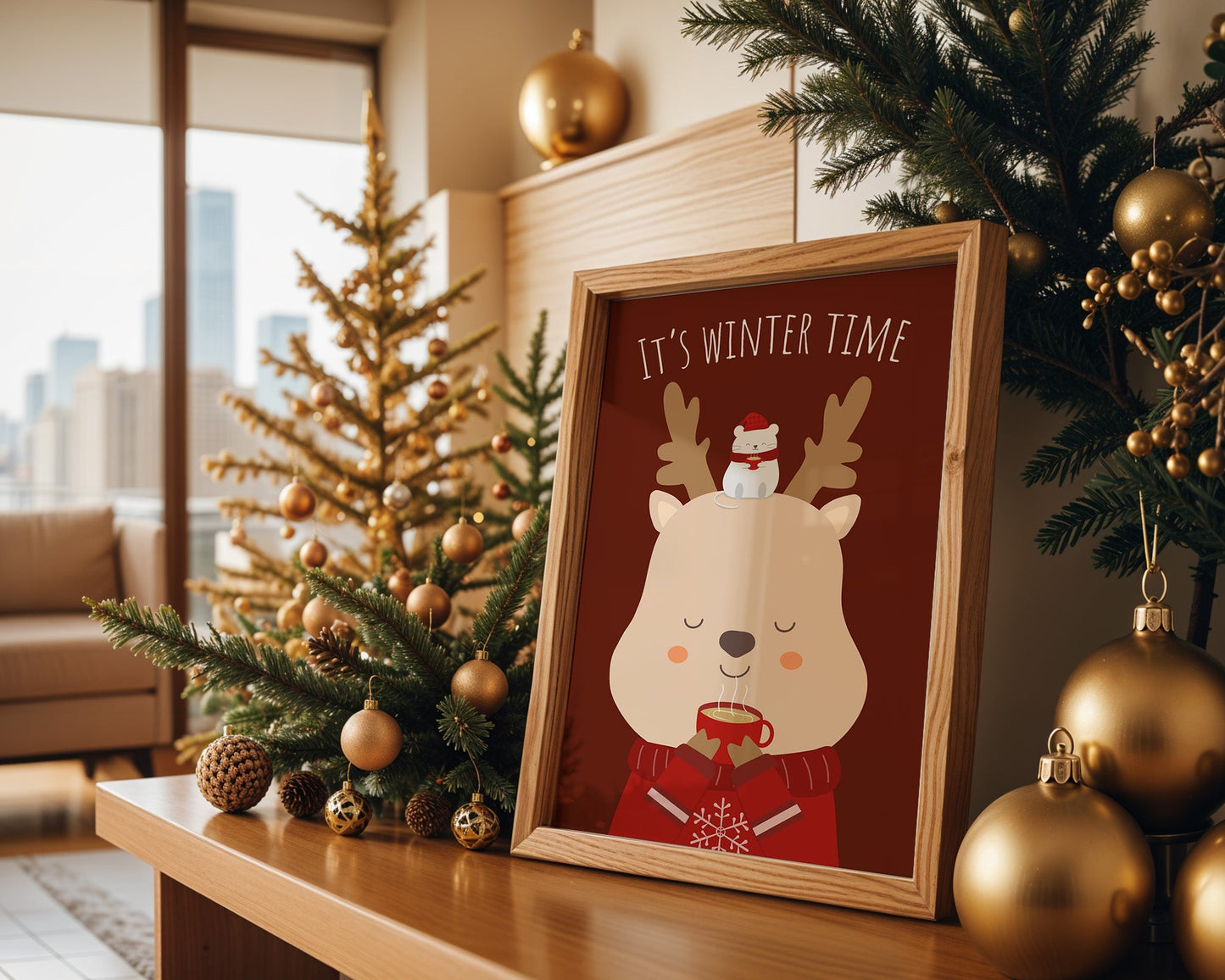 Poster hiver cosy renne et tasse de thé chaud