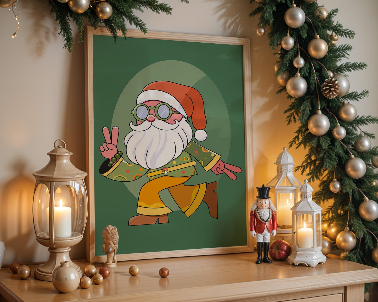 Poster père Noël cool esprit rétro et peace