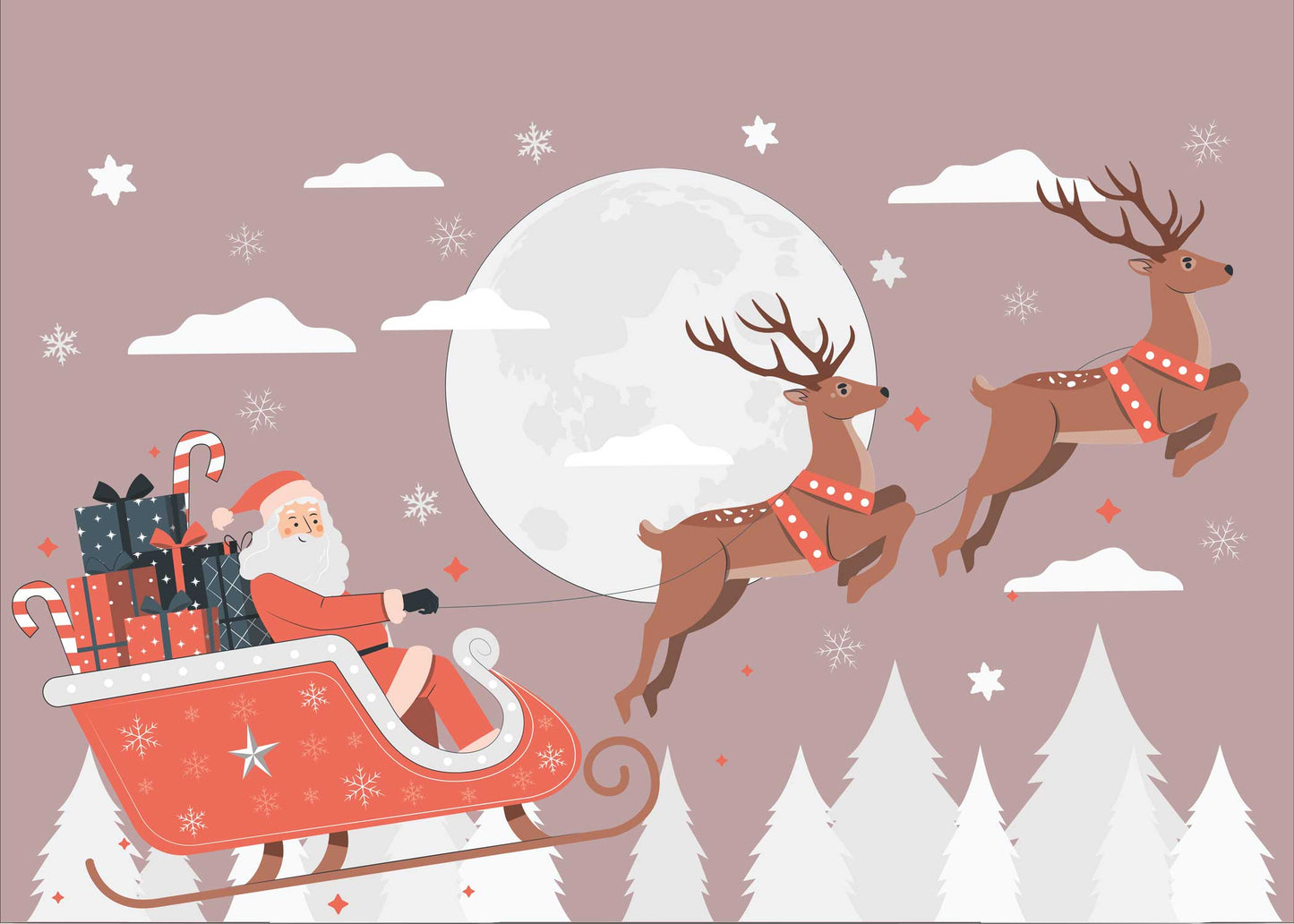 Poster traîneau du père Noël et pleine lune ambiance nocturne