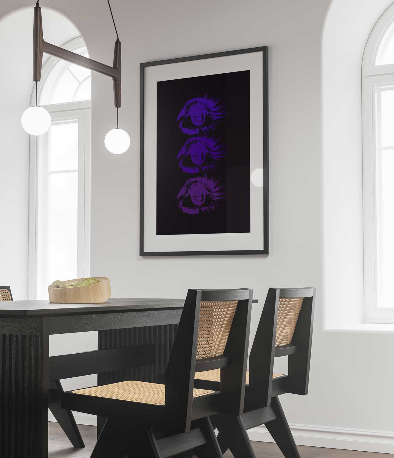 Affiche art psychédélique, motif d’yeux violets sur fond noir - UNIVEA
