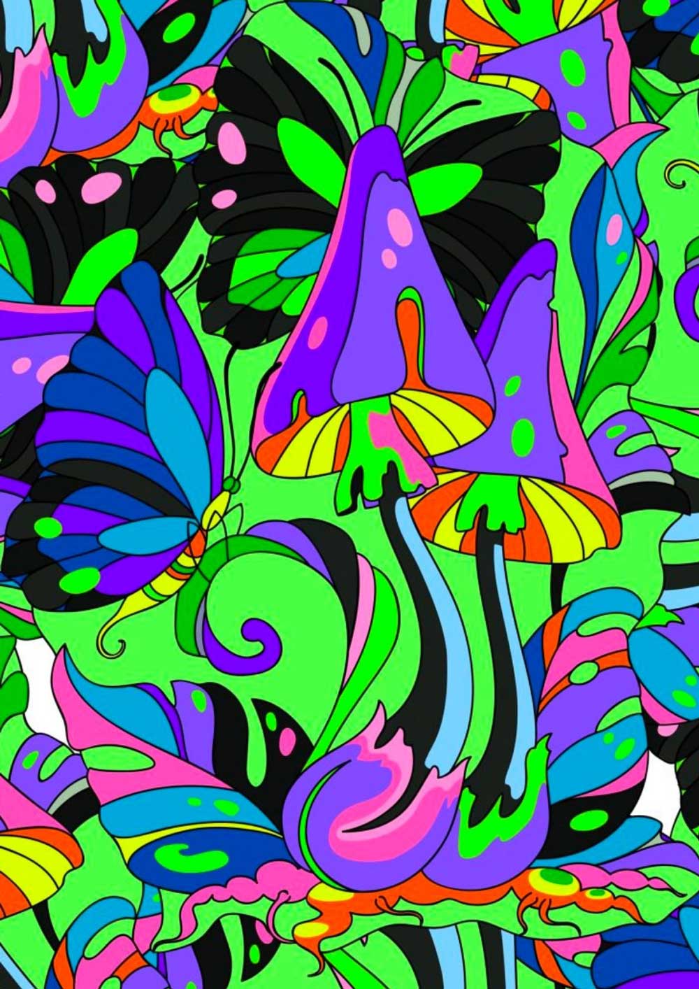 Affiche Psychédélique Champignons et Papillons - UNIVEA