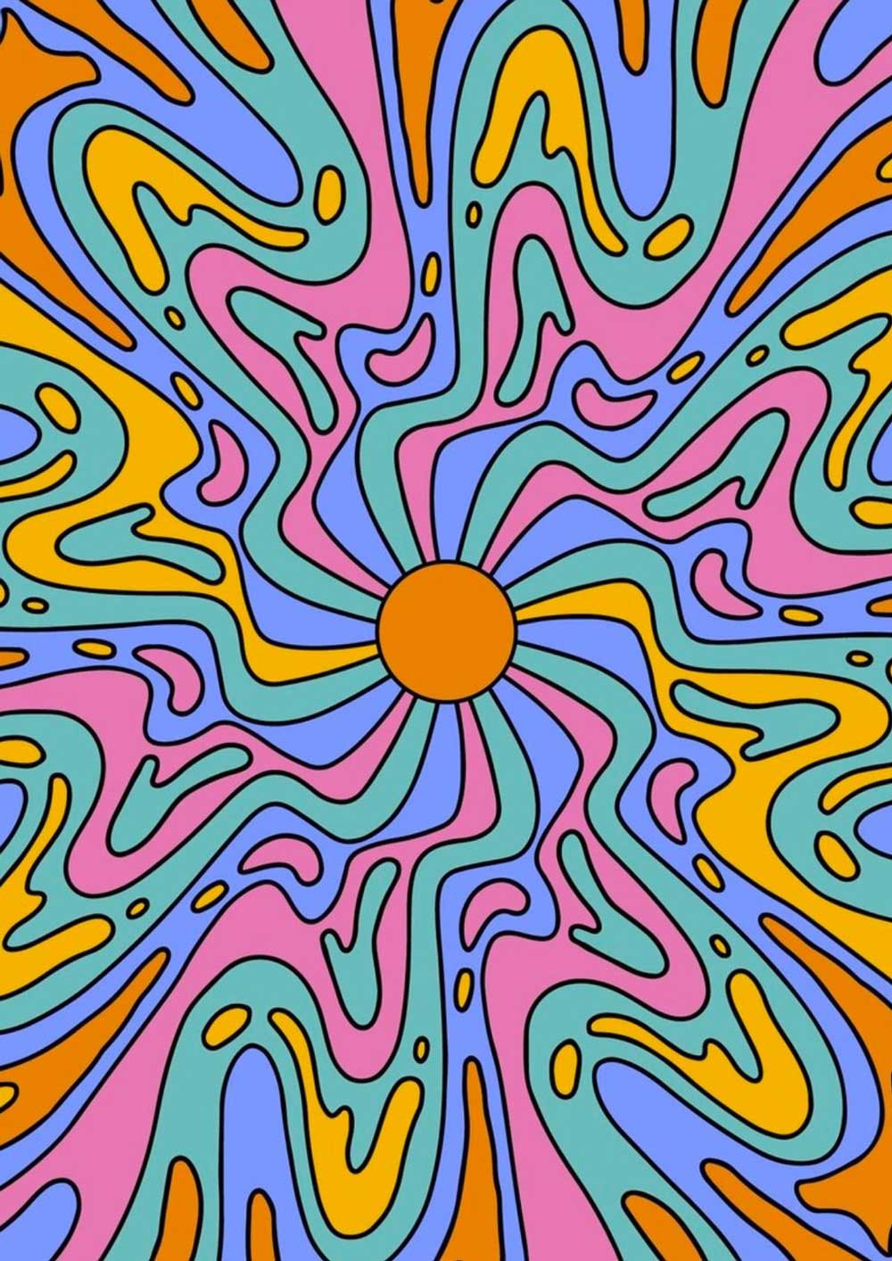 ffiche psychédélique colorée, motif de tourbillon avec soleil central - UNIVEA