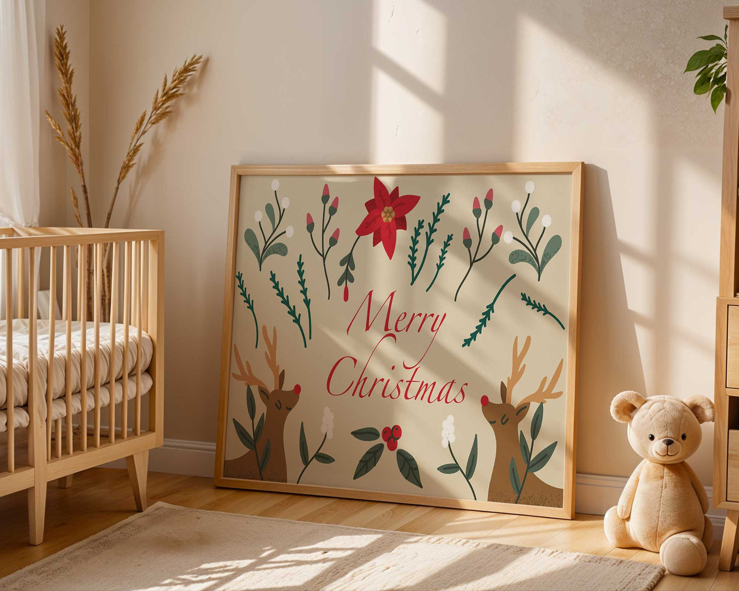 Affiche Merry Christmas végétaux et rennes festifs