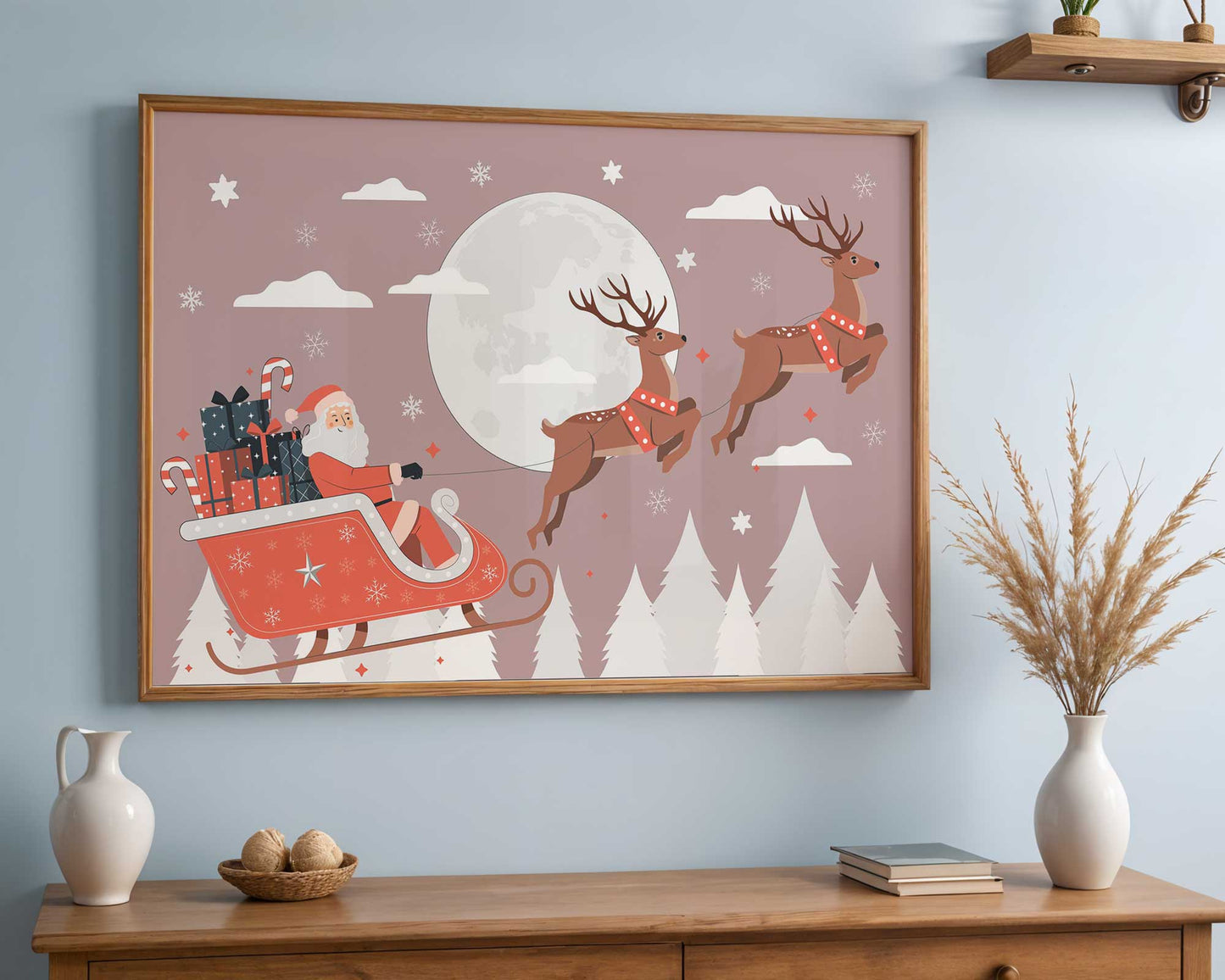 Poster traîneau du père Noël et pleine lune ambiance nocturne