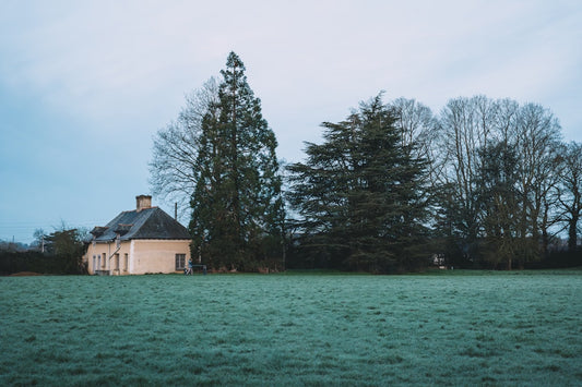 une-maison-au-milieu-dun-champ-avec-des-arbres-en-arriere-plan-y3WexuUo6Yk