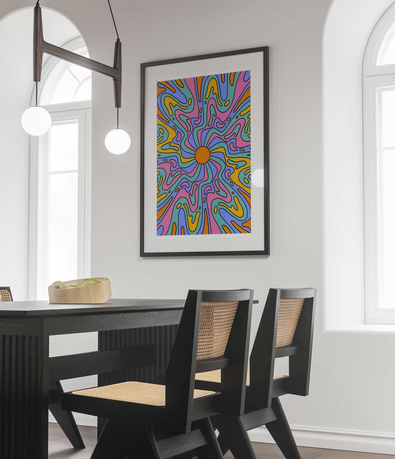 ffiche psychédélique colorée, motif de tourbillon avec soleil central - UNIVEA