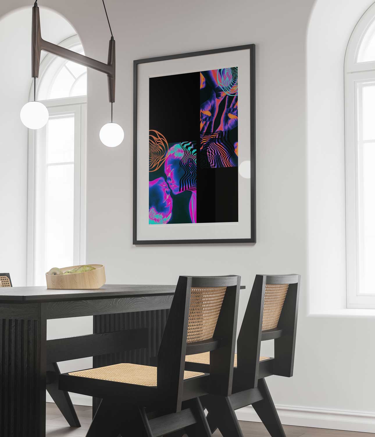 Affiche psychédélique néon, art abstrait multicolore avec visage et formes géométriques - UNIVEA
