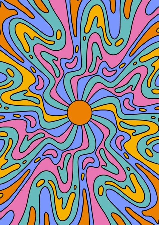 ffiche psychédélique colorée, motif de tourbillon avec soleil central - UNIVEA